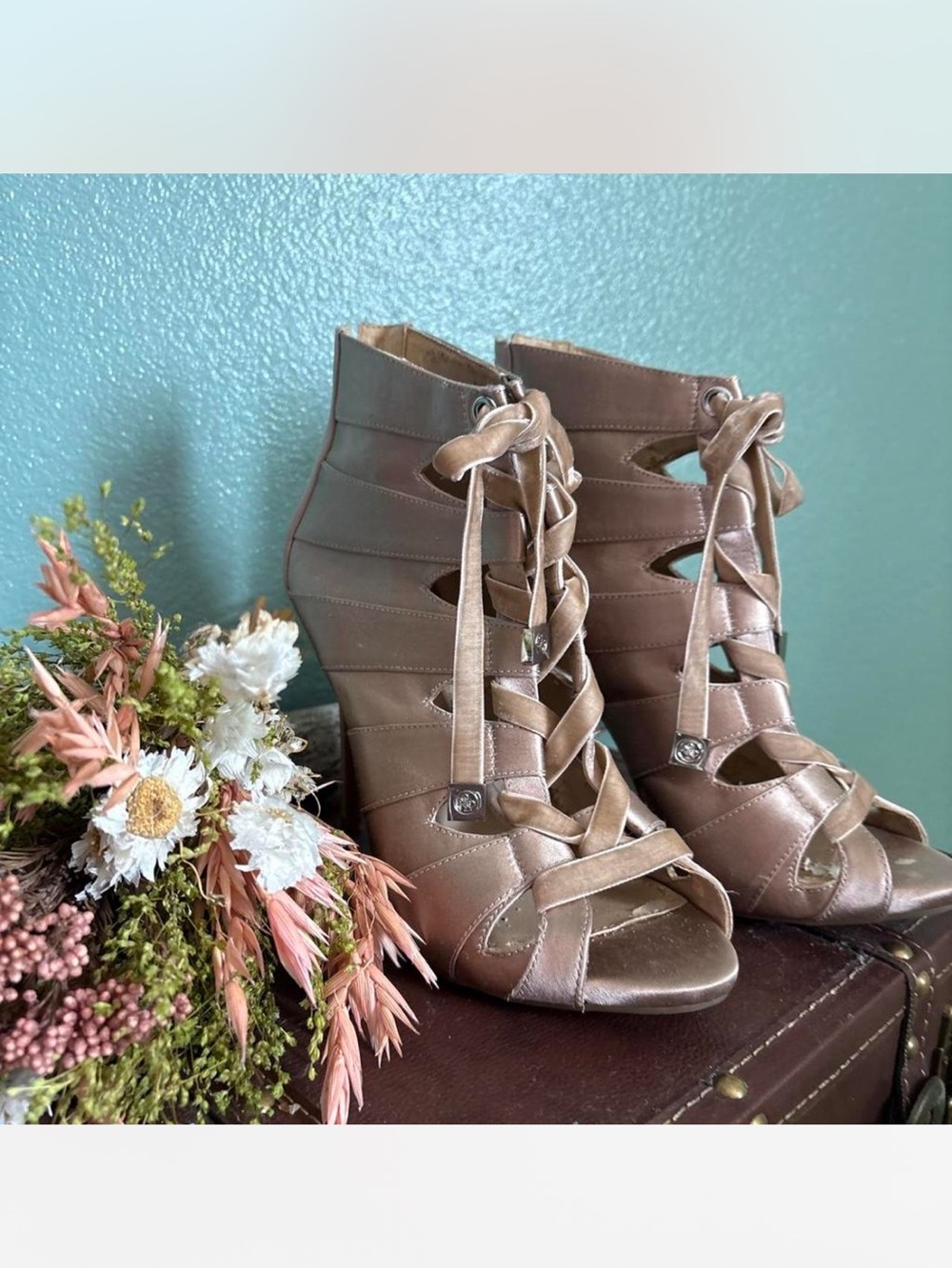 Guess Vintage Y2K Champagne Satin Peep Toe Ballet Lace-Up Stiletto Heels